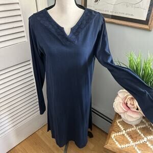 CABELAS Womens Dress Large Blue Long Sleeve Jersey Knit Casual Shift Knee Length